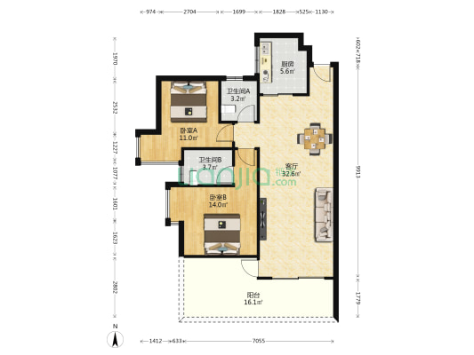 万润中心 2室1厅2卫 102平方