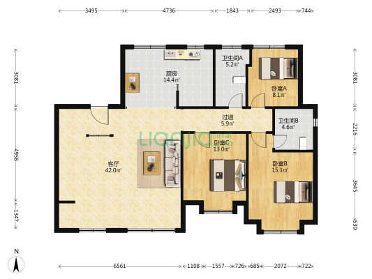 绿地城 3室1厅2卫 145平方