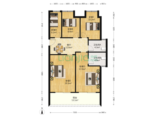 九龙仓时代上城C区 5室1厅2卫 121平方