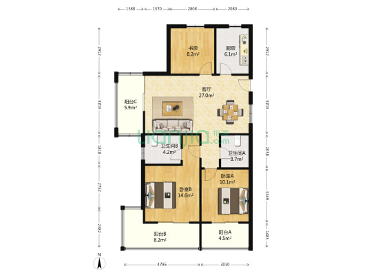 新湖明珠城聆湖苑东区 3室1厅2卫 110平方