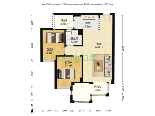 景悦名邸 2室1厅1卫 70平方