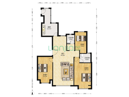 长江世纪广场 3室1厅2卫 136平方