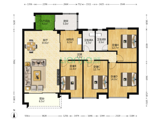 恒福花园 4室1厅2卫 136平方