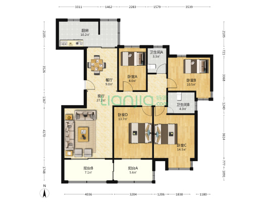 同盛南桥花园 4室2厅2卫 135平方