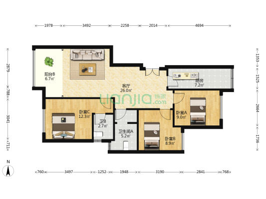 金科联发东悦府集雅 3室1厅2卫 93平方