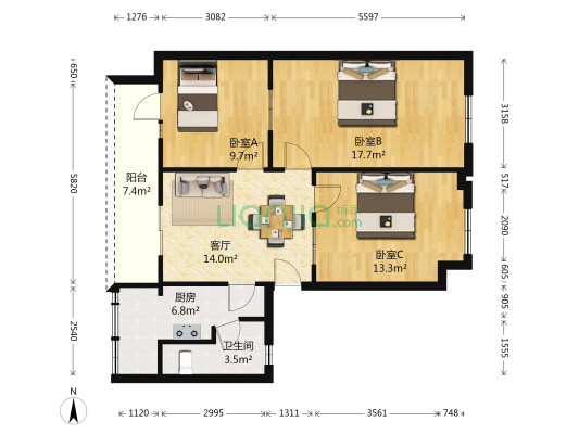 洞庭街 3室1厅1卫 87平方