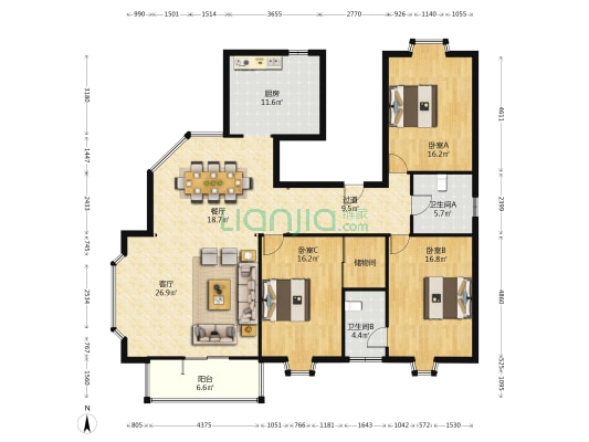 观园翔龙 3室2厅2卫 163平方