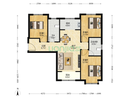 远洋安联·万和学府 3室1厅2卫 111平方