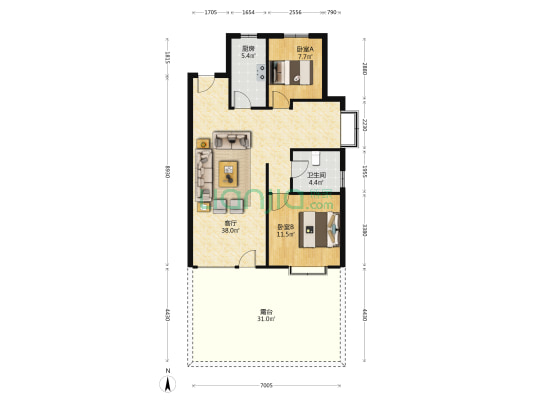 城西桃源新都孔雀城南北通透一层带院子-户型图