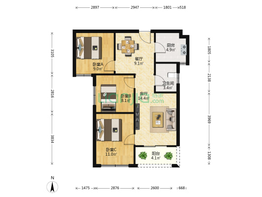 景悦城2号院 3室2厅1卫 89平方