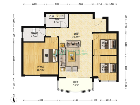 清水木华 3室1厅1卫 97平方