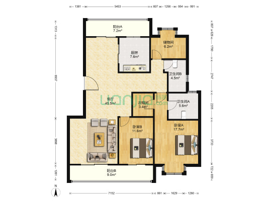 中航金城1号 2室1厅2卫 140平方