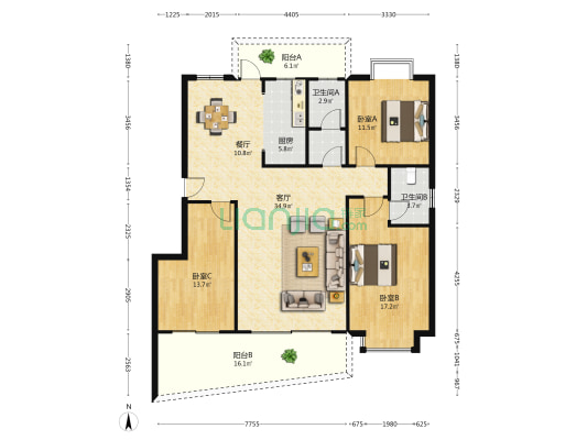 新华苑小区 3室2厅3卫 140平方