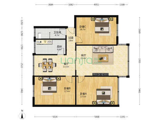 西藏广电苑58号院 3室2厅1卫 124平方