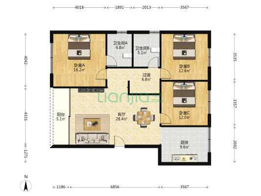 阳光100-S公寓 3室1厅2卫 120平方
