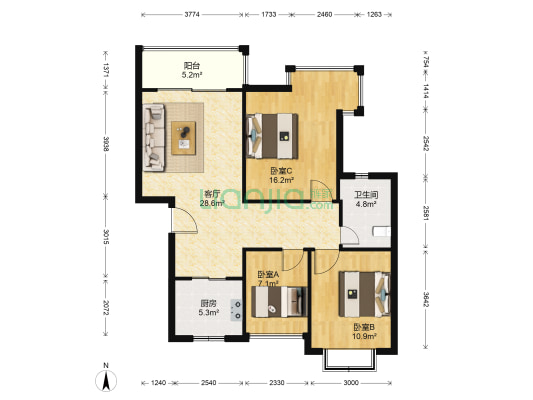 格林华城 3室1厅1卫 88平方