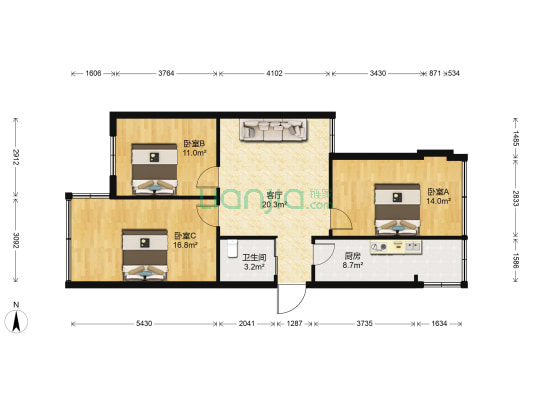 九架炉巷1号院 3室1厅1卫 87平方