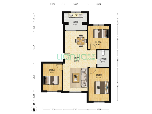 三环大街 3室1厅1卫 92平方