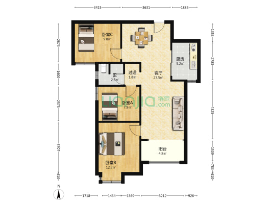金地中交麓谷香颂 3室1厅1卫 95平方