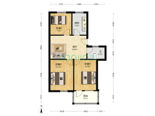姜山科技新村 3室1厅1卫 74平方