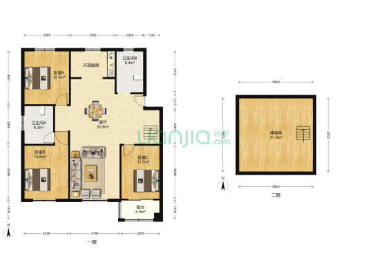 鑫福家园 3室1厅2卫 126平方