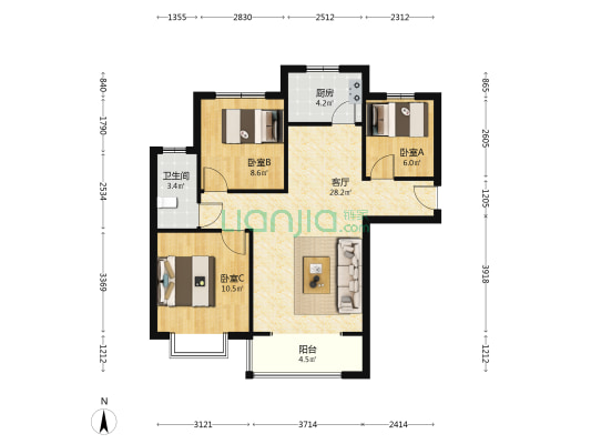 小区环境优美，房子精装未住，南北通透三居室-户型图