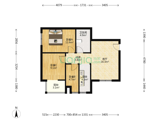 朝阳花园小区B区 3室2厅 西 西南-户型图