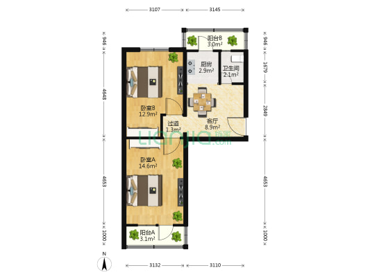苹果园小区一区 2室1厅1卫 59平方
