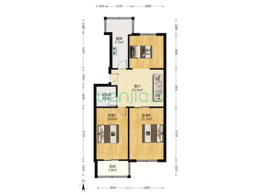 三处家属院 3室1厅 南 北-户型图