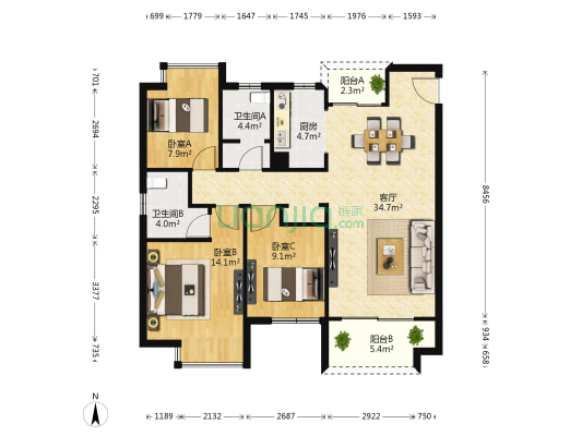 绿地国际博览城二期博翠 3室1厅2卫 114平方