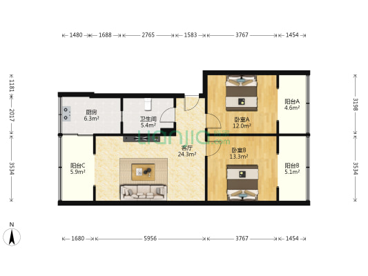 双桥路南二街 2室1厅1卫 77平方