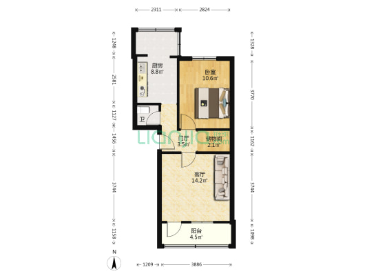 二重生活区107区 1室1厅1卫 57平方