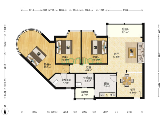 月升楼 3室2厅2卫 126平方