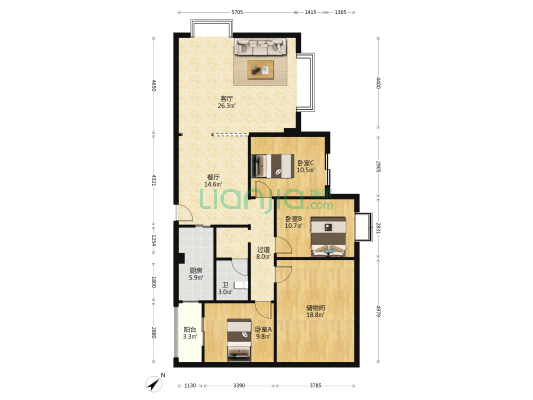 水都城市花园 3室2厅1卫 146平方