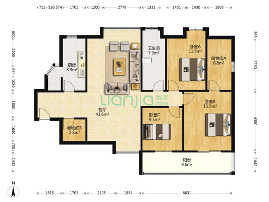 湖光山色南区 3室1厅1卫 139平方