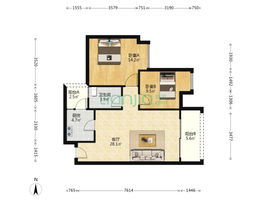 八角五区 2室1厅1卫 83平方