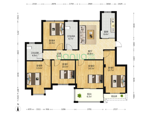 蓬莱雅苑 5室1厅2卫 134平方