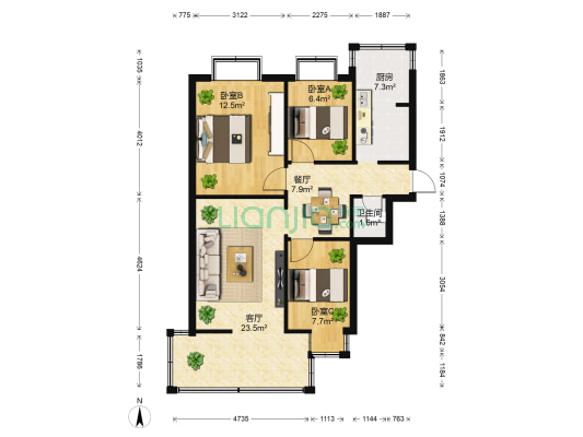 小吉坡1号 3室2厅1卫 64平方