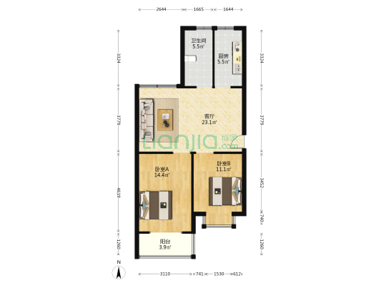 象山花园三区南区 2室1厅1卫 90平方
