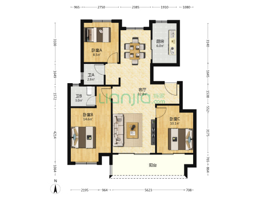 新湖壹号 3室1厅2卫 106平方