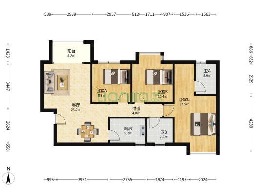 尚清雅苑 3室1厅2卫 108平方