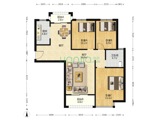 阳光城7号院 3室1厅1卫 117平方