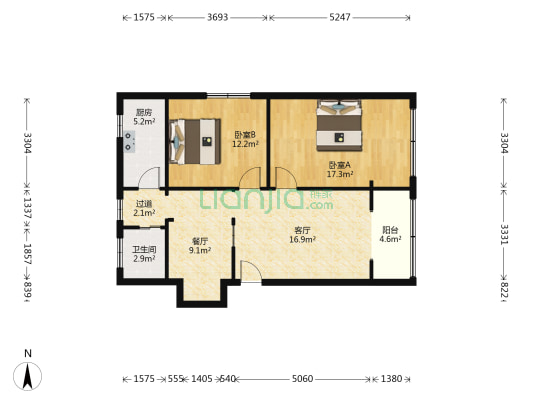 卓萃家园 2室2厅1卫 88平方