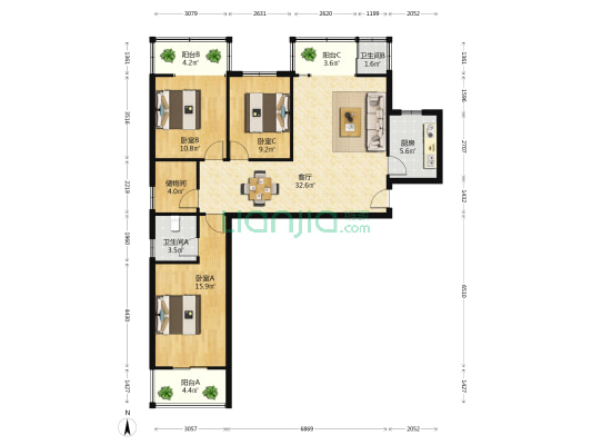 中南新苑西区 3室1厅2卫 125平方