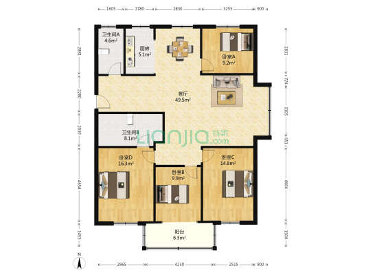 江东庭院西区 4室1厅2卫 142平方