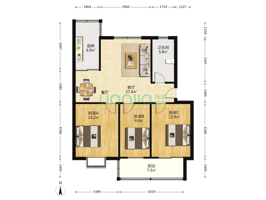 御景华庭 3室1厅1卫 105平方
