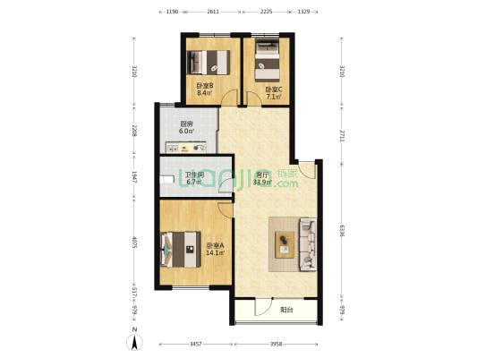 天裕新苑南区 3室1厅1卫 102平方