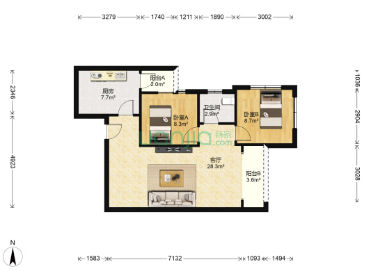 城北一号 2室1厅1卫 52平方