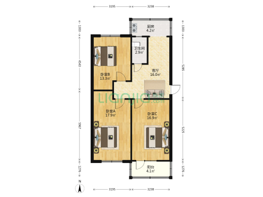 鼓楼街2号院 3室1厅1卫 91平方