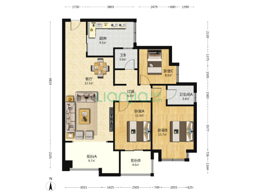 唐安世家 3室1厅2卫 114平方